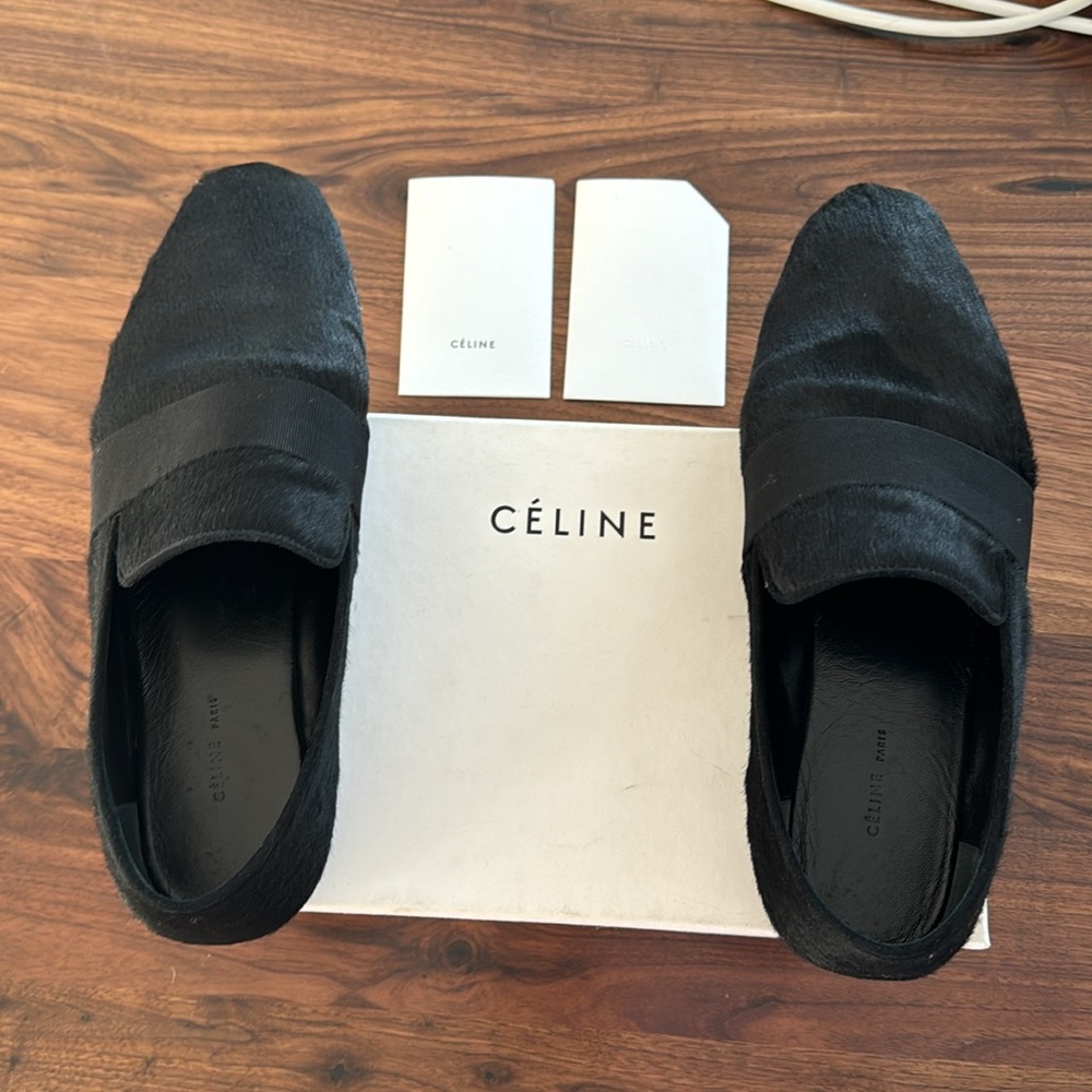 Celine Phoebe Philo BLACK Calfhair w black grosgrain band slip on Loafers